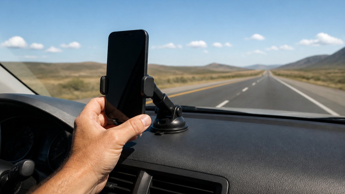 Driver using a smartphone mounted on a dashboard to check speedometer accuracy on an open highway