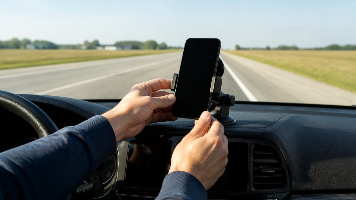 A driver's hands mounting a smartphone on a dashboard car mount, with a straight open road visible through the windshield in daylight