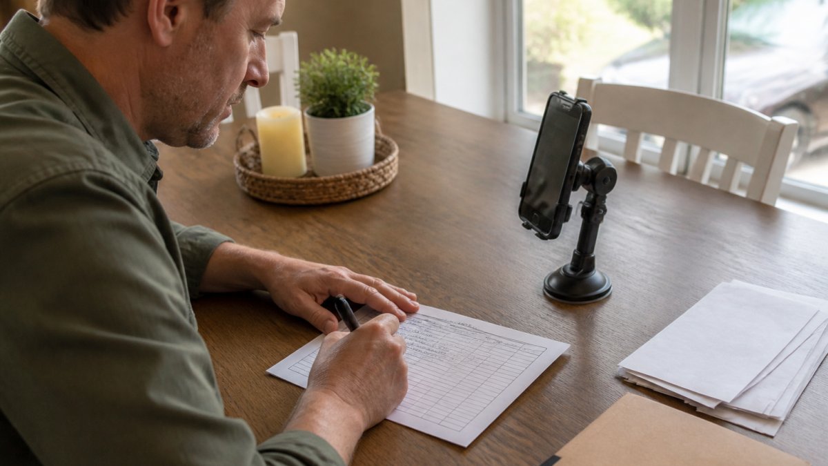 Process diagram for how to prove mileage by documenting trip details in a logbook alongside a smartphone.