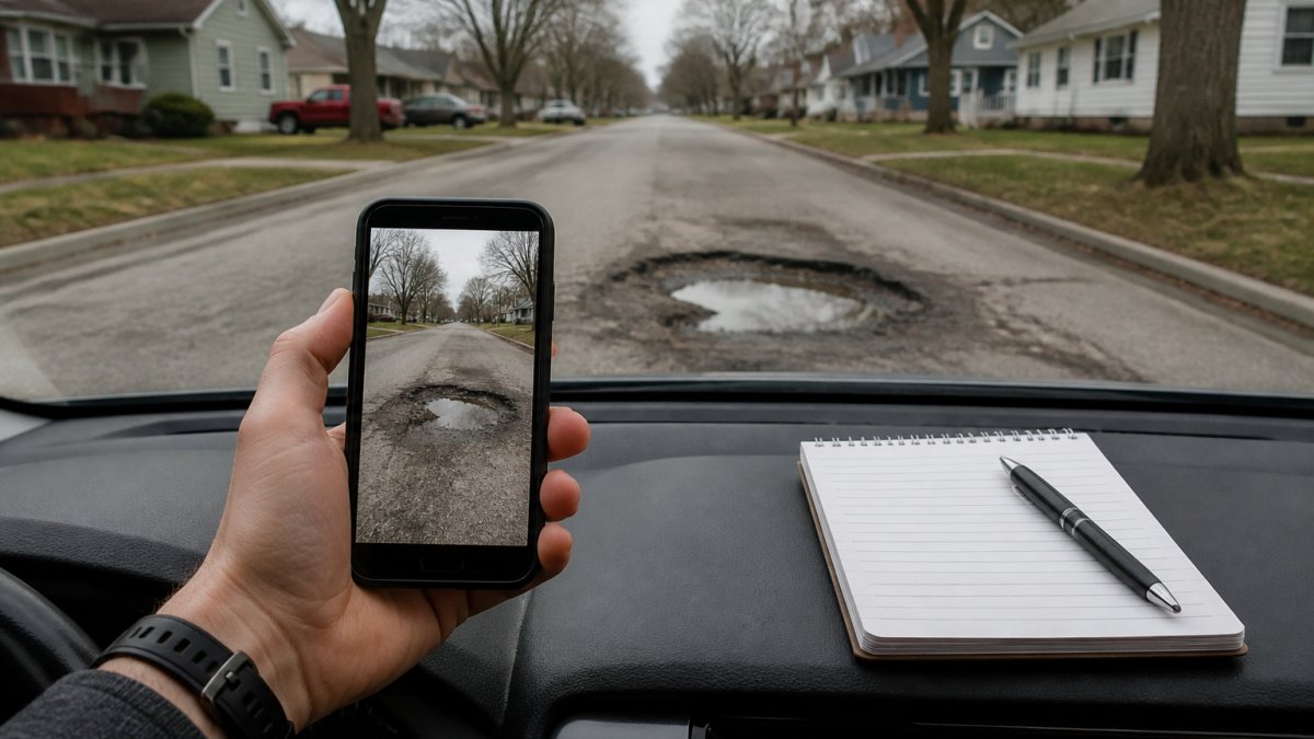 Driver using a smartphone to document a pothole for road maintenance reports while sitting in a car.