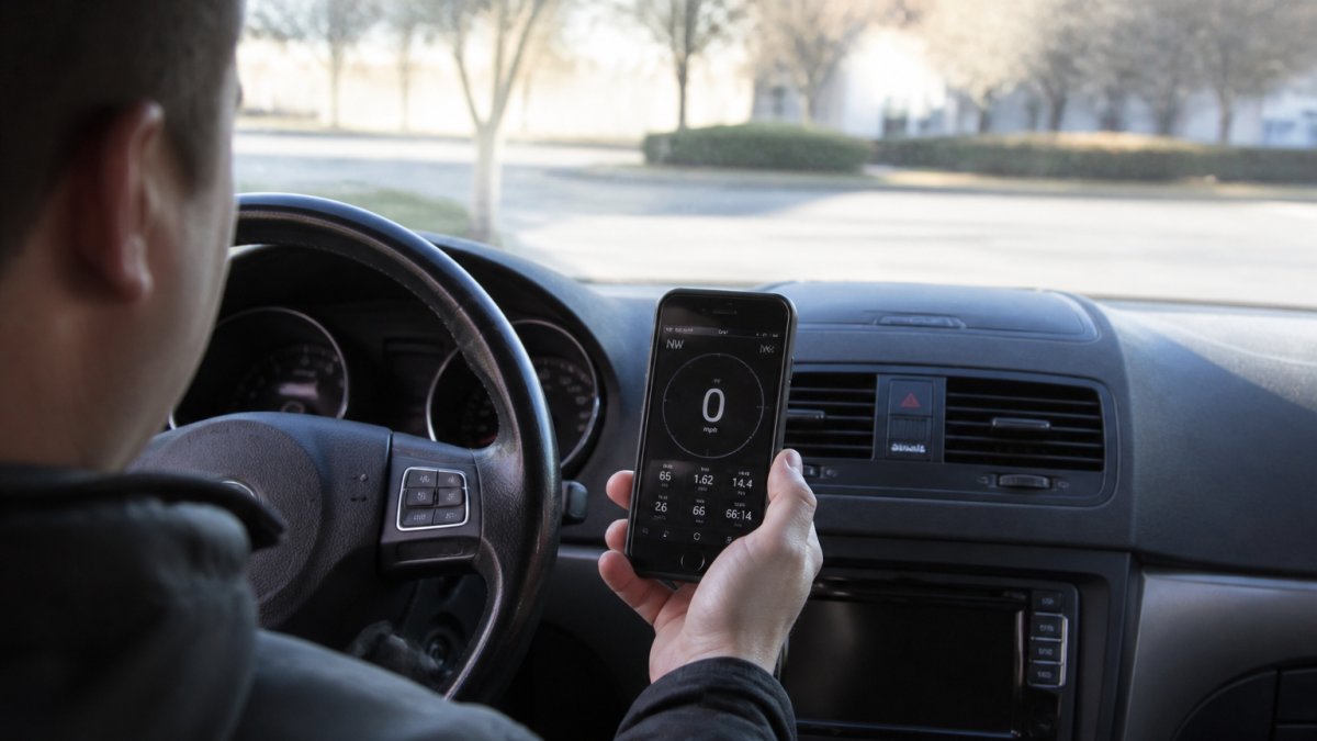 A driver sitting in the driver's seat of a parked car, holding a smartphone showing a GPS speedometer app, dashboard and windshield visible with bright daylight outside